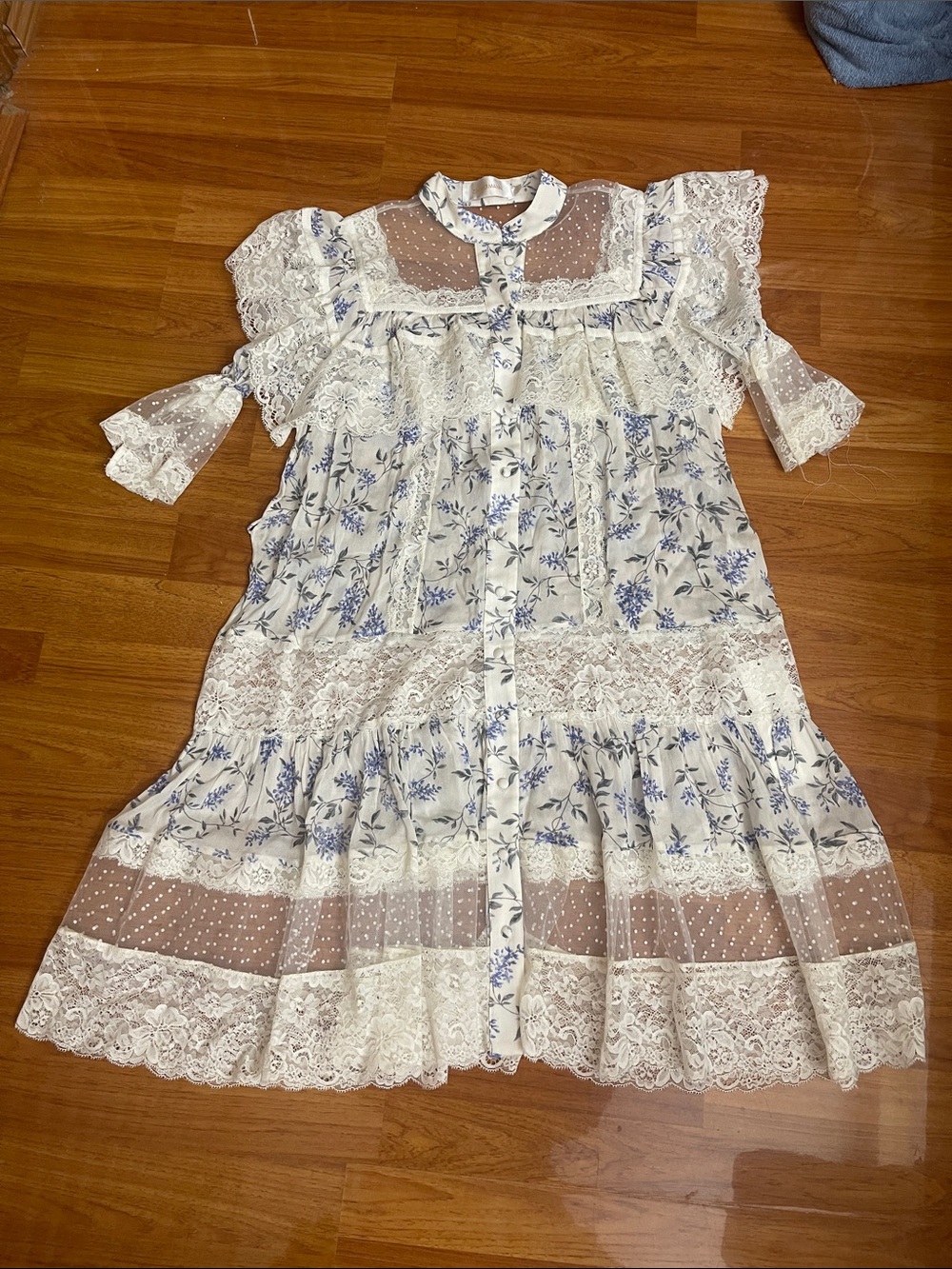 Zimmermann Cream Dress with Blue Floral Lace and Ruffles